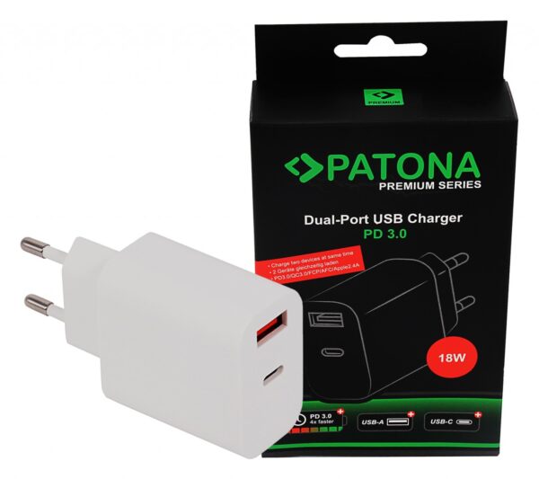 Premium Charger 18W PD QC 3.0 1x USB-C 1x USB-A 5V 3A Apple Samsung etc.